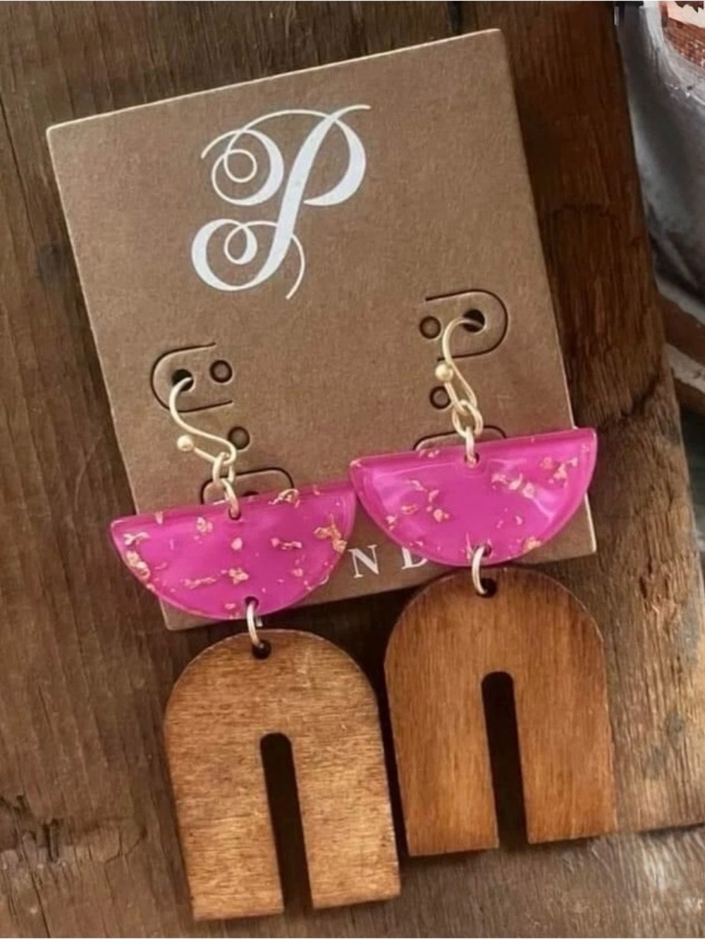 Plunder Hot Pink Resin and Wood Arch Drop Earrings